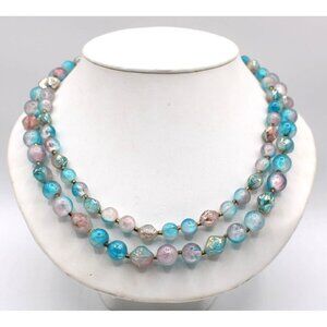 Double-Strand Bead Necklace Polychrome Blue Pink Gold Heart Clasp Vtg Japan 60s